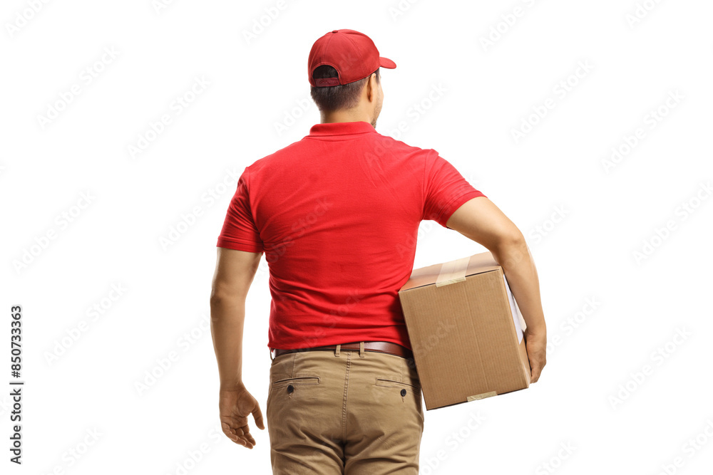 Rear view shot of a delivery man holding a cardboard box Rear view shot of a delivery man holding a cardboard box