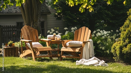 Serene Outdoor Setting with Adirondack Chair Set, Light Brown Wood and Dark Chocolate Frames, End Table with Pillows, Front Lawn Grass, Green Trees and Shrubs, White Towels, Relaxed Atmosphere