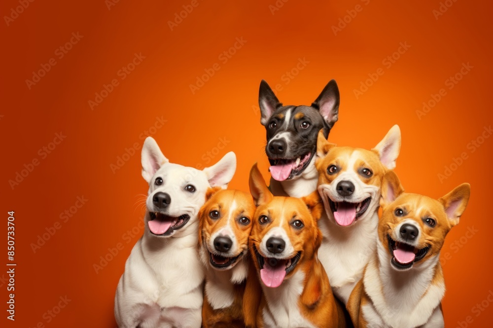 Stupid funny playful group of dogs on orange background Stupid funny playful group of dogs on orange background