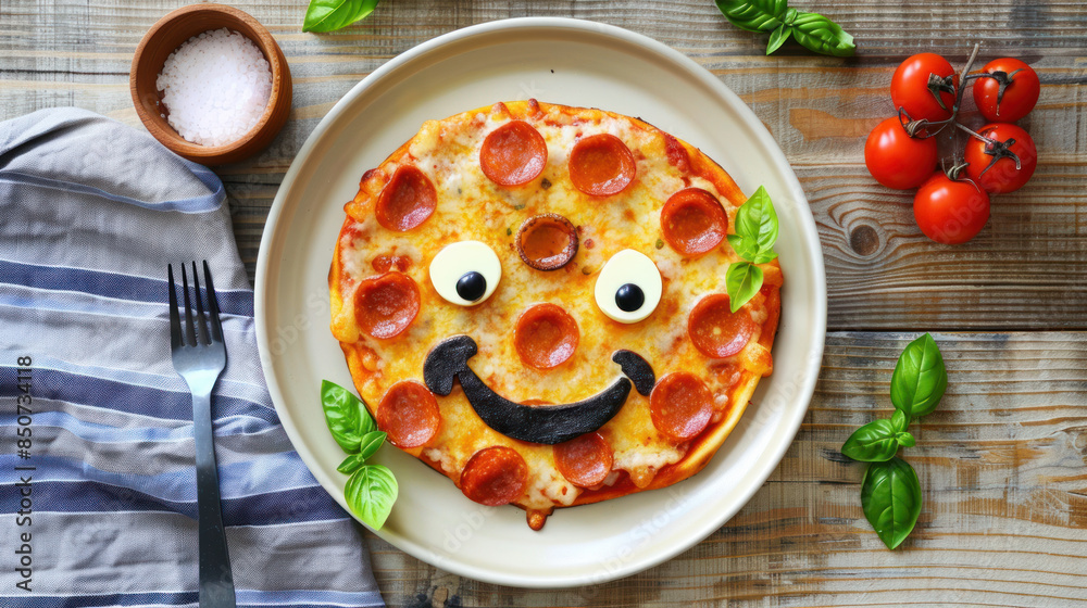Children's pepperoni pizza with cheese and a smile on a wooden table. Children's pepperoni pizza with cheese and a smile on a wooden table.