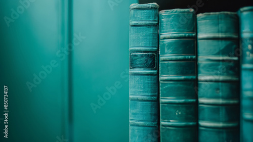 Teal hardcover books on a shelf, close-up view.