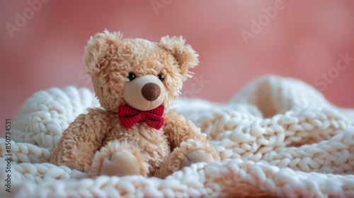 A brown teddy bear with a red bow tie on a white knitted blanket.