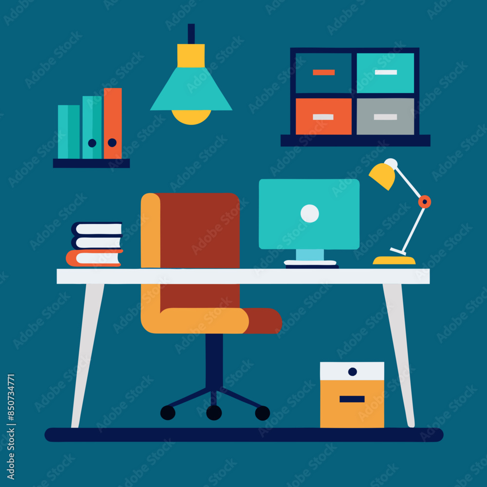 Office interior design with table, chair, laptop, monitor, books and document folder vector illustration. Office interior design with table, chair, laptop, monitor, books and document folder vector illustration.