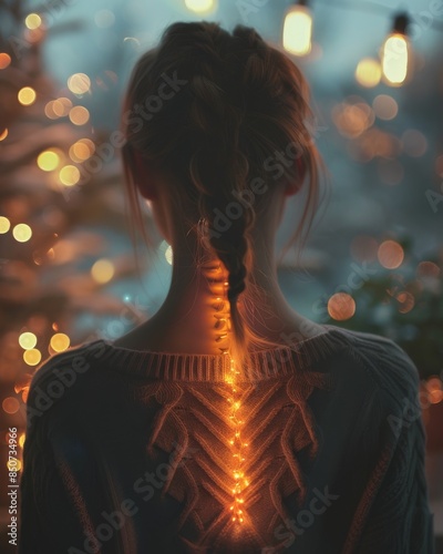 Warm pink and gray hues highlight the spine's glowing pattern on the small of a person's back in a cozy setting. photo