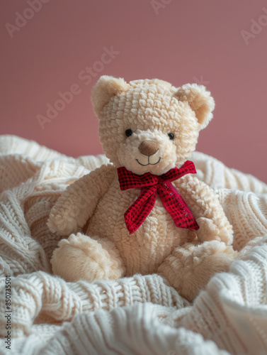 A teddy bear with a red bow tie on a knitted blanket