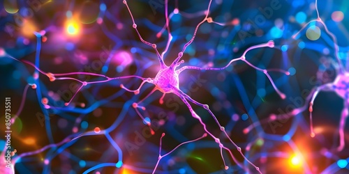 How Neurons Communicate Through Electrochemical Signals Using Specialized Cellular Machinery. Concept Neurotransmitters, Synaptic Transmission, Ion Channels, Action Potentials, Neuroplasticity photo