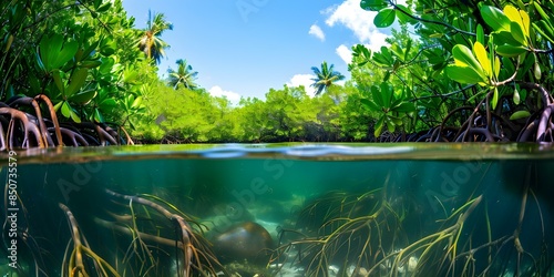 Mangrove Trees Submerged Roots and Lush Green Foliage. Concept Nature Photography, Mangrove Ecosystem, Greenery Appreciation, Coastal Biodiversity, Tropical Flora photo