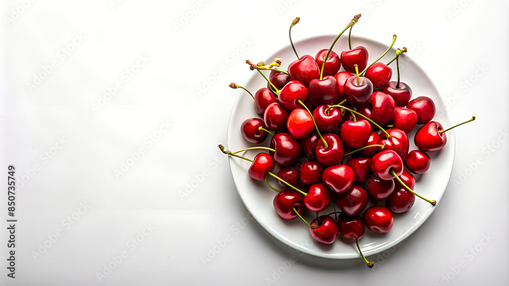 Vibrant Summer Red Sweet  Cherries in White Bowl with Ample Space for Text
