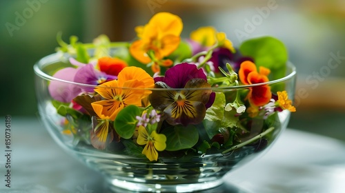 Elegant Edible Flower Salad Served in a Glass Bowl with Soft Lighting