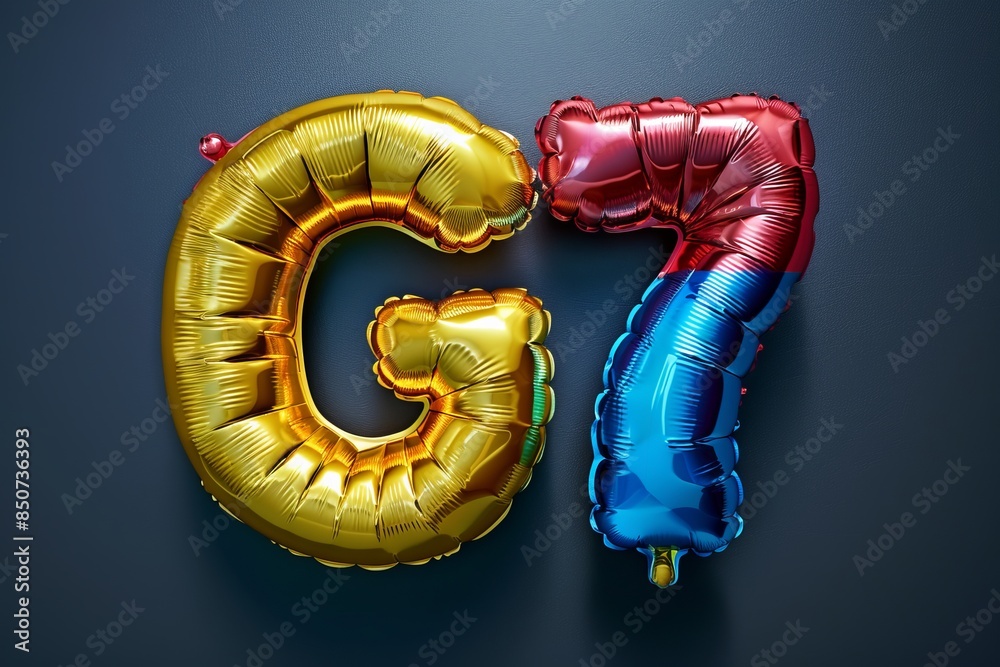 Colorful G7 foil balloons on dark background. Bright gold and blue red inflatable letters and numbers in shiny foil. Creative, festive party decoration for celebrations. Generative AI Colorful G7 foil balloons on dark background. Bright gold and blue red inflatable letters and numbers in shiny foil. Creative, festive party decoration for celebrations. Generative AI