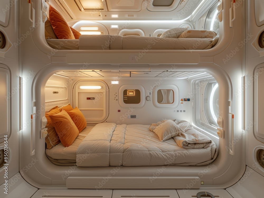 Modern capsule hotel room with cozy bedding and ambient lighting, offering innovative and compact accommodation for travelers. Modern capsule hotel room with cozy bedding and ambient lighting, offering innovative and compact accommodation for travelers.