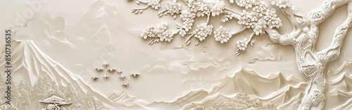 Beautiful sakura tree and mountain 3d relief wallpaper. Mural wallpaper. Wall art. AI generated illustration. © moon