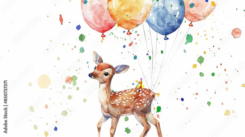 Fototapeta premium Cute watercolor deer with balloons. Perfect for baby shower, birthday, nursery art.