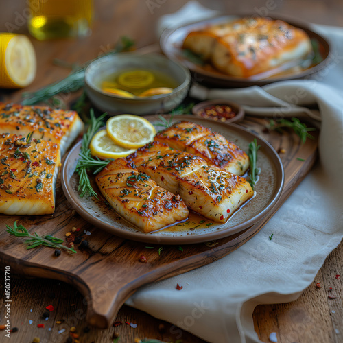 Plate of crispy fried fish cooked coconut oil, served lemon slices herbs, wooden table setting photo