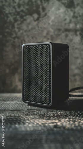 Productphotography of a small blackspeaker against a cleanbackground. This sleek and modern device showcases high-quality audio technology and stylish design, crafted with AI generative. photo