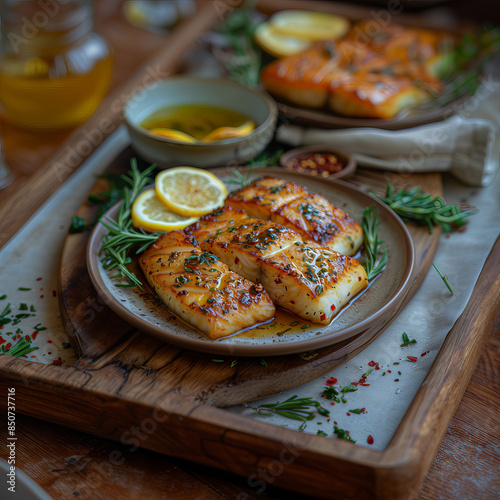 Plate of crispy fried fish cooked coconut oil, served lemon slices herbs, wooden table setting photo