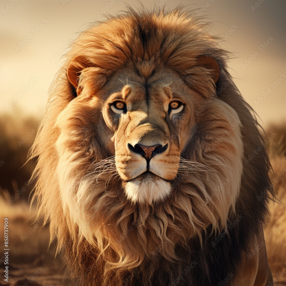 Majestic lion with a flowing mane stands in a golden savannah, exuding power and grace under the warm sunlight. Majestic lion with a flowing mane stands in a golden savannah, exuding power and grace under the warm sunlight.