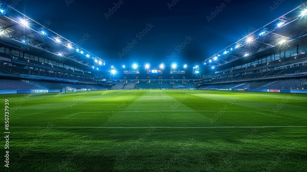 The football stadium with lights and empty green grass is a Stock-based football stadium sport The football stadium with lights and empty green grass is a Stock-based football stadium sport
