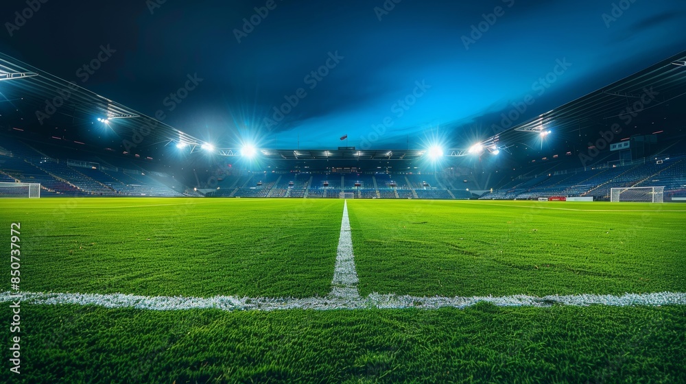 A football stadium with spotlights and an empty green grass playground, with Stock showing the action.