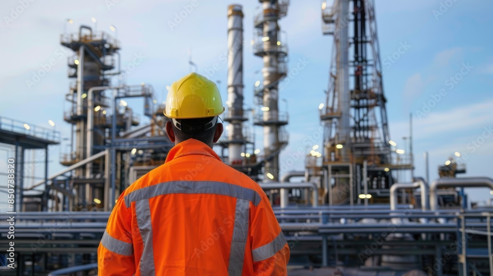 Engineer men,women standing back to control work, oil refinery. Engineer men,women standing back to control work, oil refinery.