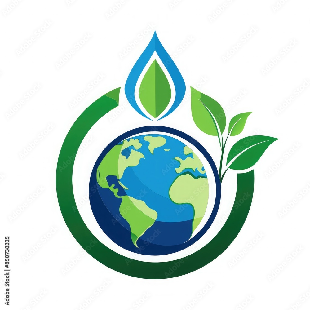 Earth with green water drop and green leaves, symbolizing sustainability and environmental conservation. Design emphasizes the importance of protecting natural resources Earth with green water drop and green leaves, symbolizing sustainability and environmental conservation. Design emphasizes the importance of protecting natural resources