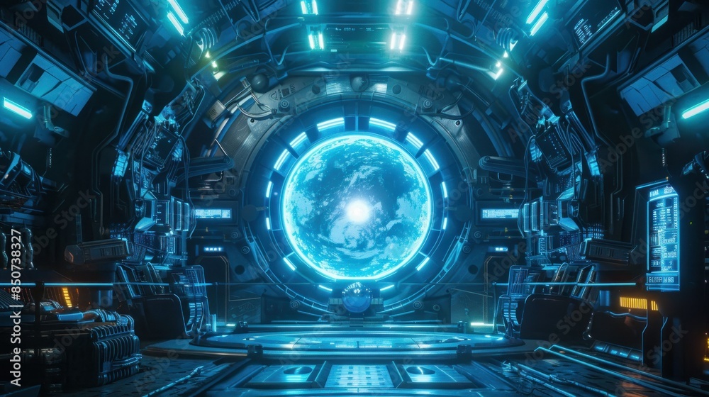 Futuristic spaceship interior with blue. Sci-fi control room concept art. A futuristic room with a glowing orb in the center. Research lab or space station decorated with blue neon color. AIG35. Futuristic spaceship interior with blue. Sci-fi control room concept art. A futuristic room with a glowing orb in the center. Research lab or space station decorated with blue neon color. AIG35.