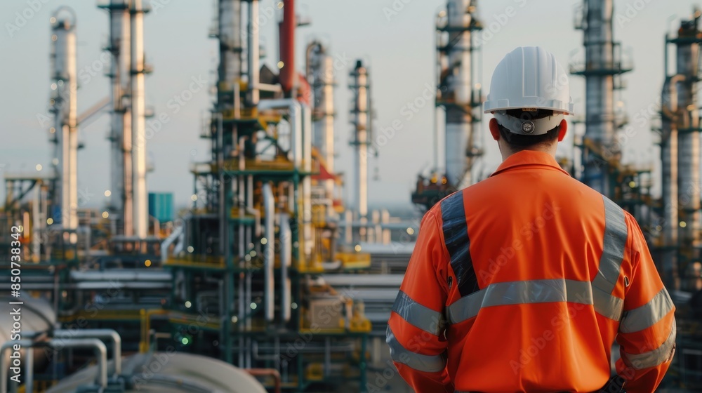 Engineer men,women standing back to control work, oil refinery. Engineer men,women standing back to control work, oil refinery.