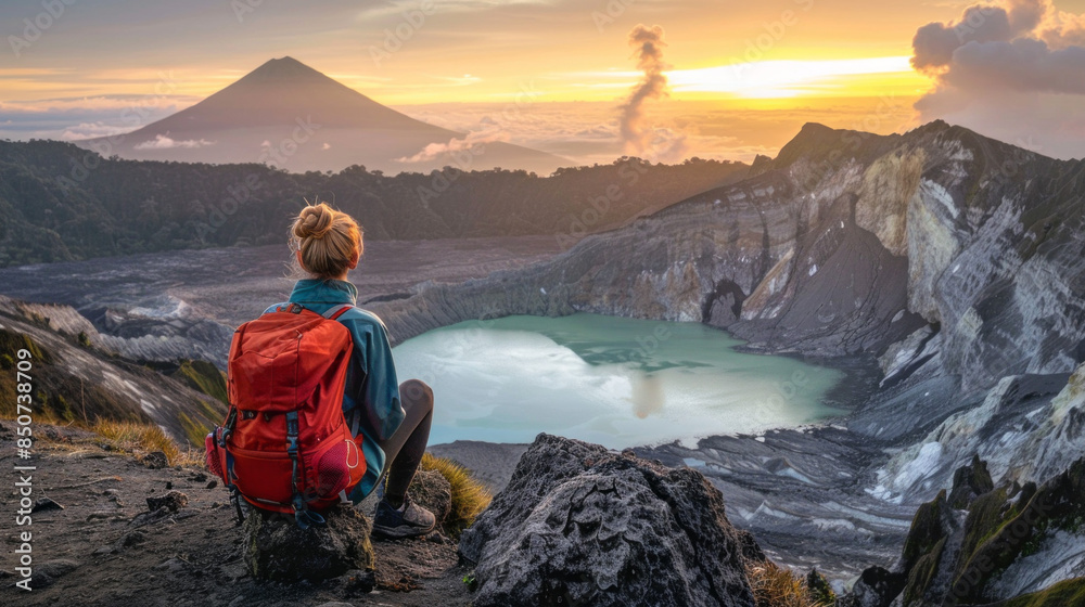 A woman sits on a rock overlooking a lake and a volcano A woman sits on a rock overlooking a lake and a volcano