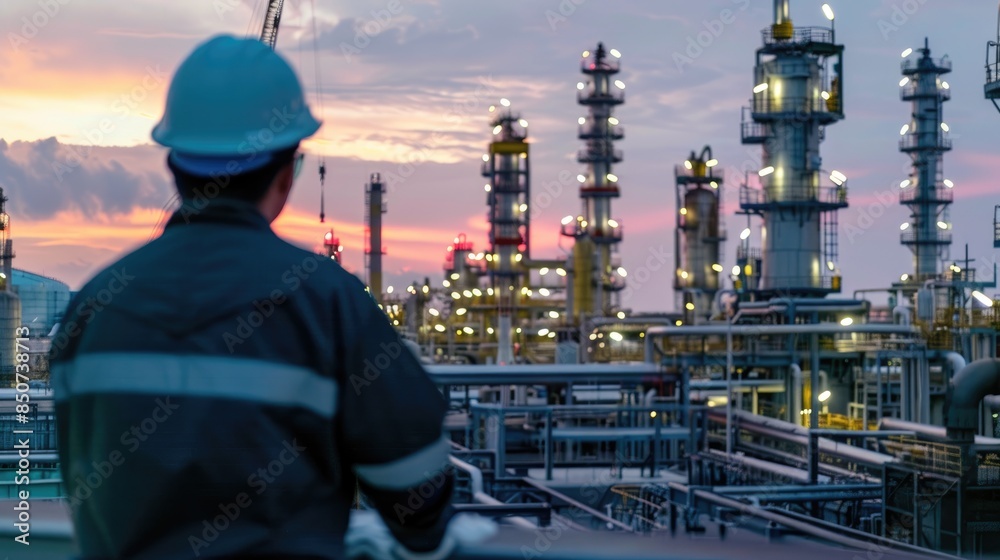 Engineer men,women standing back to control work, oil refinery. Engineer men,women standing back to control work, oil refinery.
