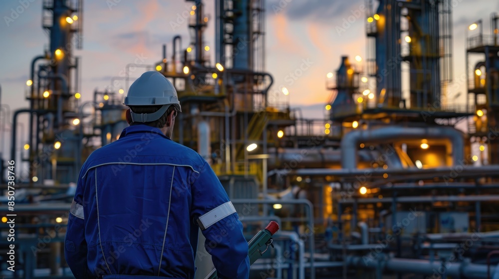 Engineer men,women standing back to control work, oil refinery. Engineer men,women standing back to control work, oil refinery.