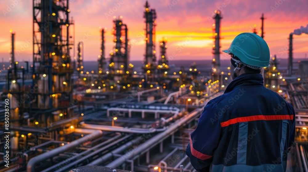 Engineer men,women standing back to control work, oil refinery. Engineer men,women standing back to control work, oil refinery.