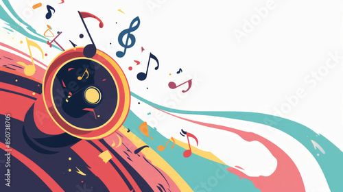 Flat minimalist speaker with 2D musicnotes on widescreen canvas, forming dynamic melody flow. Abstract vector illustration emphasizes modern design and creativity, crafted using AI generative. photo