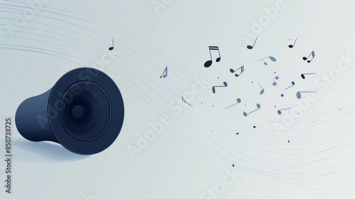 Flat minimalist speaker with 2D musicnotes on widescreen canvas, forming dynamic melody flow. Abstract vector illustration emphasizes modern design and creativity, crafted using AI generative. photo