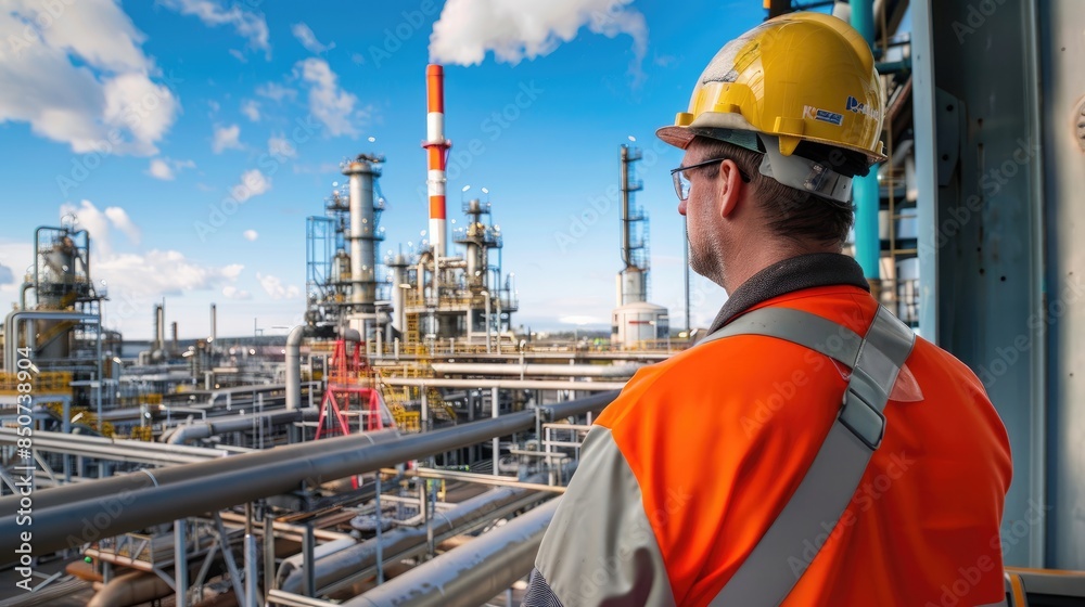 Engineer men,women standing back to control work, oil refinery. Engineer men,women standing back to control work, oil refinery.