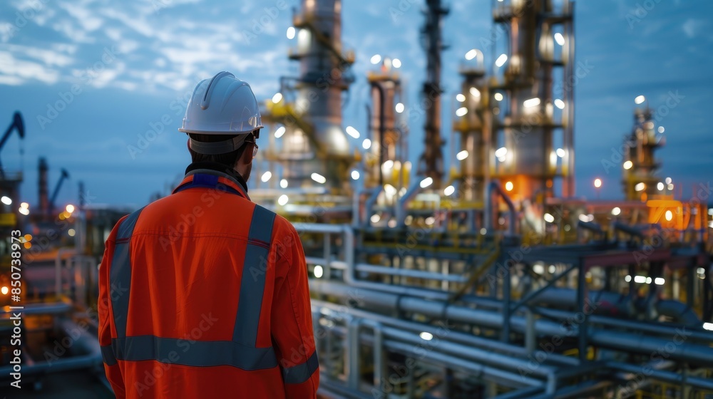 Engineer men,women standing back to control work, oil refinery. Engineer men,women standing back to control work, oil refinery.