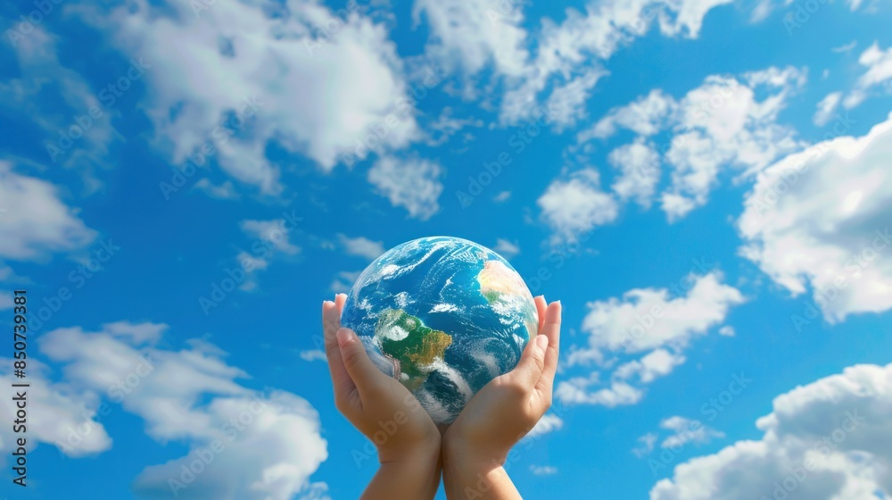 hands holding the Earth planet on blue sky background, World environment day concept wide angle lens hands holding the Earth planet on blue sky background, World environment day concept wide angle lens