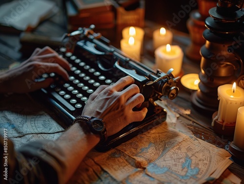 Hands typing on a vintage typewriter surrounded by candles, evoking a nostalgic, moody atmosphere in a cozy, dimly-lit room. photo