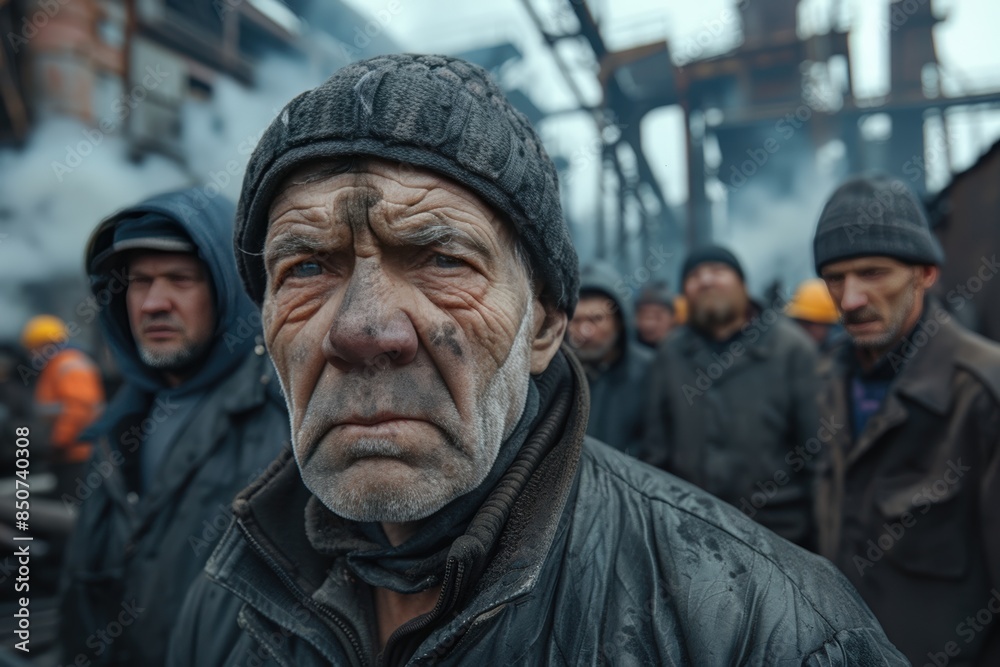 Group of workers in industrial setting, wearing winter clothing, expressing determination and resilience, smokey background, aged man's face closeup. Group of workers in industrial setting, wearing winter clothing, expressing determination and resilience, smokey background, aged man's face closeup.