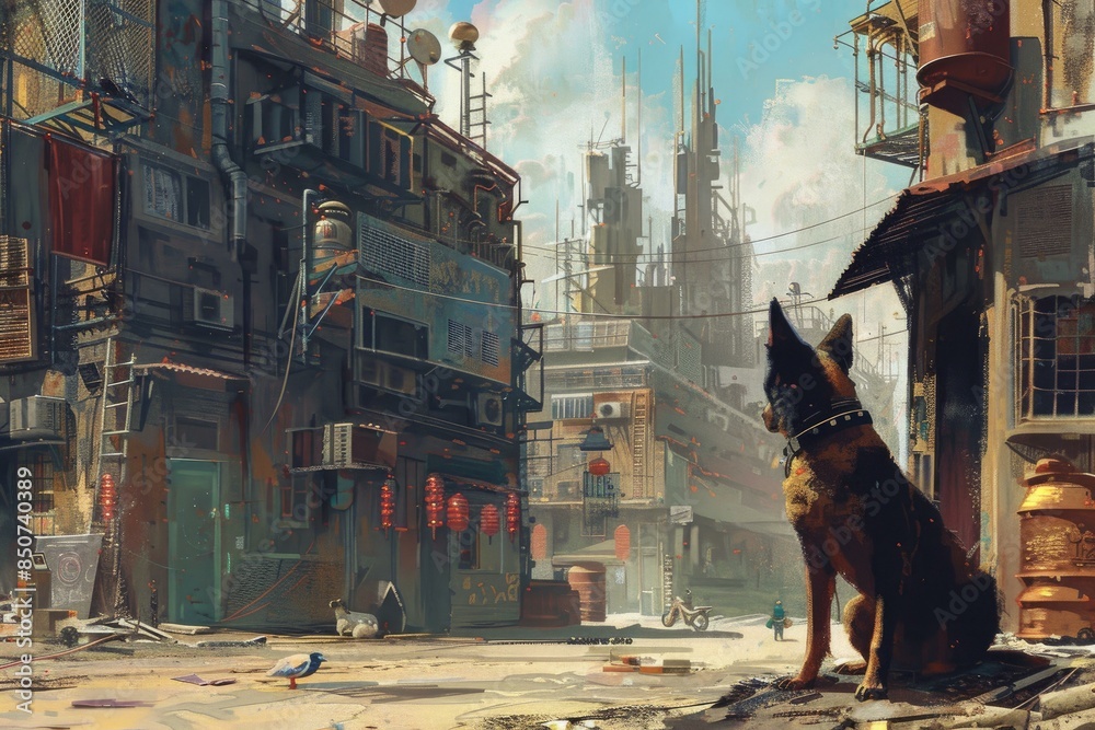 Naklejka premium Digital art of a german shepherd patrolling a sunlit cyberpunk street