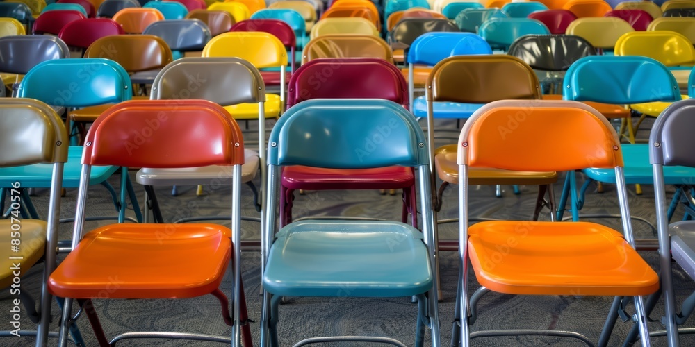 Fototapeta premium A row of colorful classic plastic chairs, peeled color and old style audience seats.