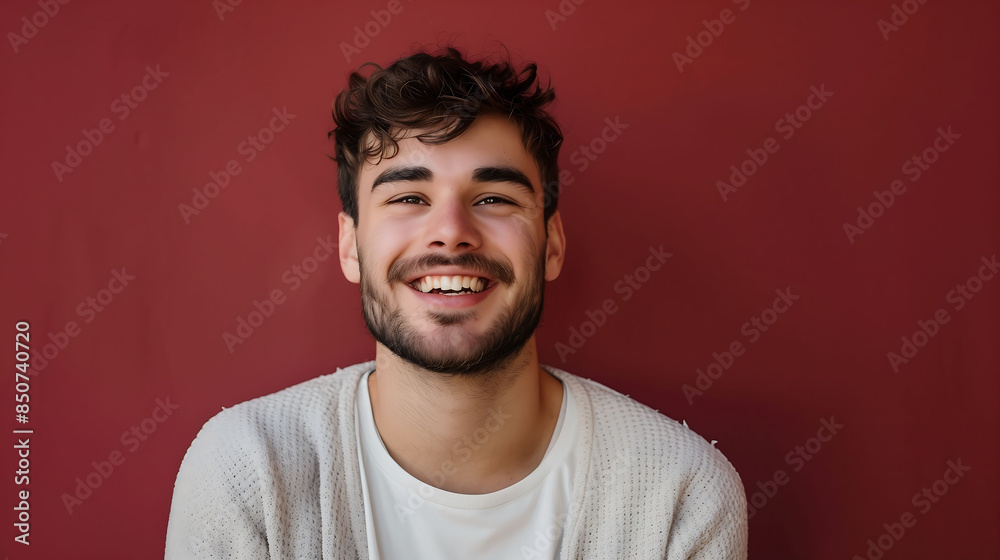 A confident and happy millennial man, smiling at the camera against a solid maroon background A confident and happy millennial man, smiling at the camera against a solid maroon background