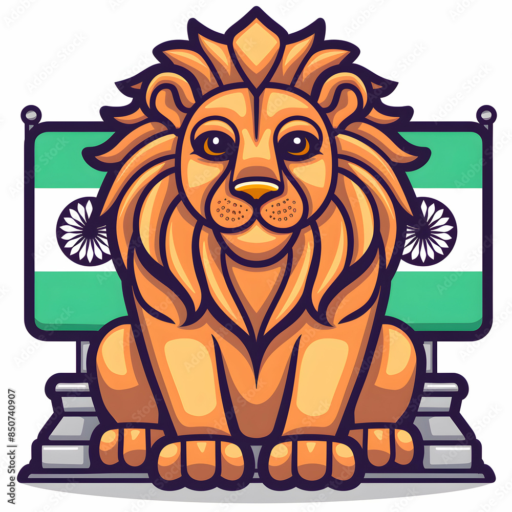 Naklejka premium 3D Flat Icon Ashoka Lion Flag Concept, Illustration of Ashoka s Lion Capital with Indian Flag, Symbolizing Authority Independence in Doodle Cartoon Style