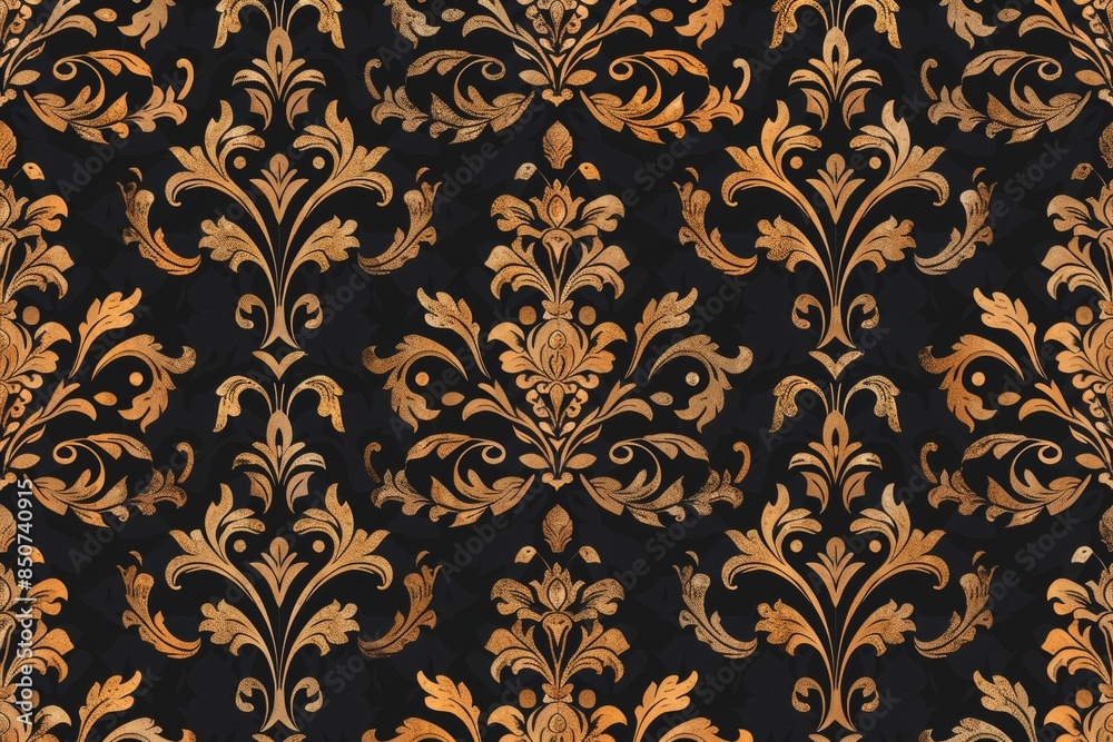 Gold Damask Pattern on Black Background Gold Damask Pattern on Black Background