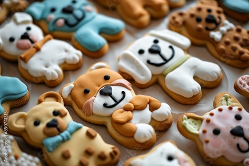 Assorted animalshaped cookies decorated with sugary icing. Baked goods and edible art for home baking and culinary desserts. Perfect for kidfriendly parties and celebrations photo