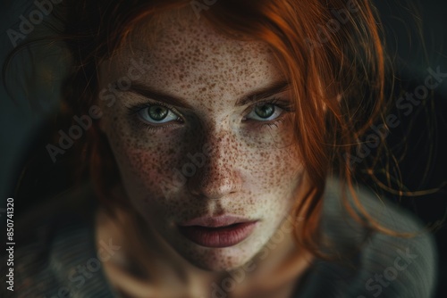 An illustration of a woman with strawberry blonde hair and freckles, created with artificial intelligence
