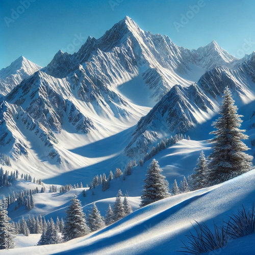 Snowy Mountain Range with Pine Trees and Clear Blue Sky photo