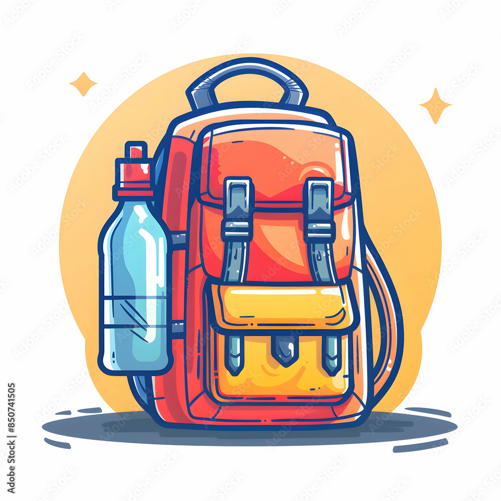 Fototapeta premium Backpack and Water Bottle 3D Flat Icon with Ample Space for Text and Graphics: Student Life and Back to School Theme
