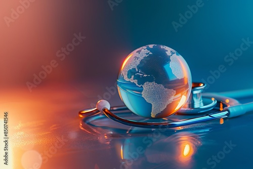 Globe with stethoscope on reflective surface. Conceptual image of global healthcare and medicine. Modern digital artwork suitable for health-related themes and international medical topics photo