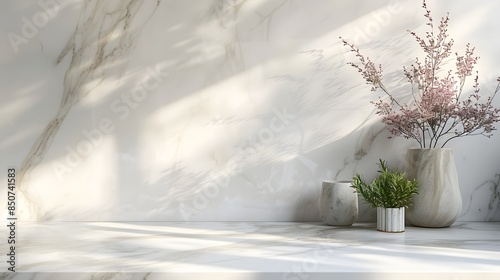 A white marble kitchen countertop with copy space on the right side, close up view, minimalist style, natural light.