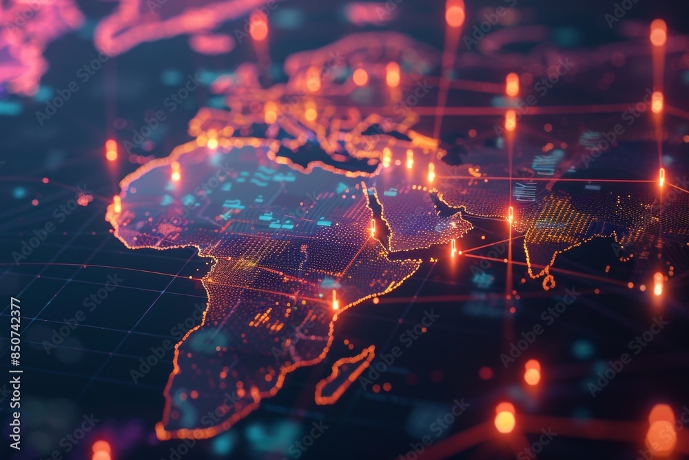 Fototapeta premium A global map with pulsating beams of light representing major data arteries, converging on cloud hubs